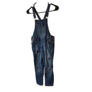 Justice Girls 7 Jean Overalls Pants Bibs Distressed Red Plaid Denim